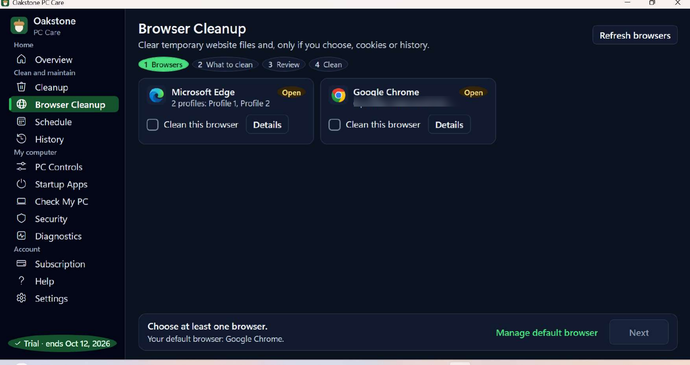 The Browser Cleanup screen showing detected browsers and the steps to review before cleaning.