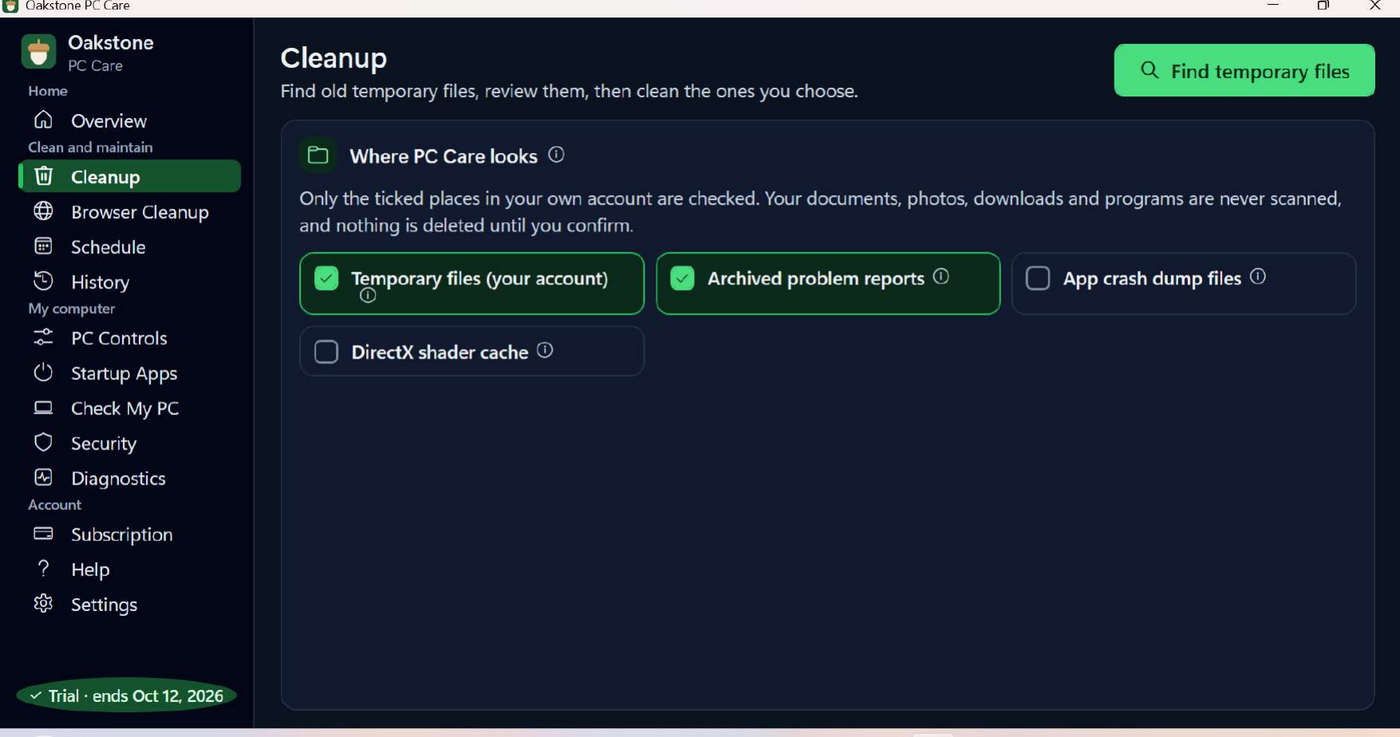 The Cleanup screen listing the categories Oakstone PC Care checks.