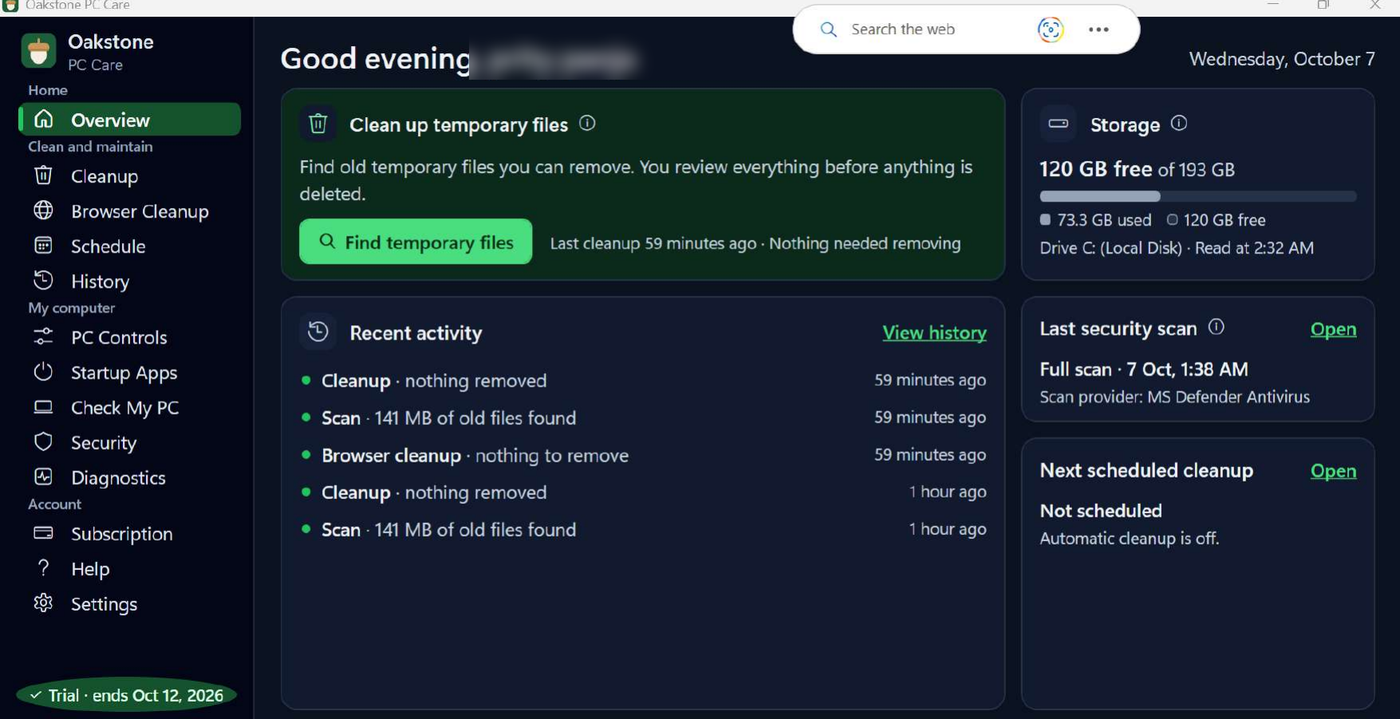 The Oakstone PC Care Overview screen, showing cleanup, recent activity, storage and the last security scan.