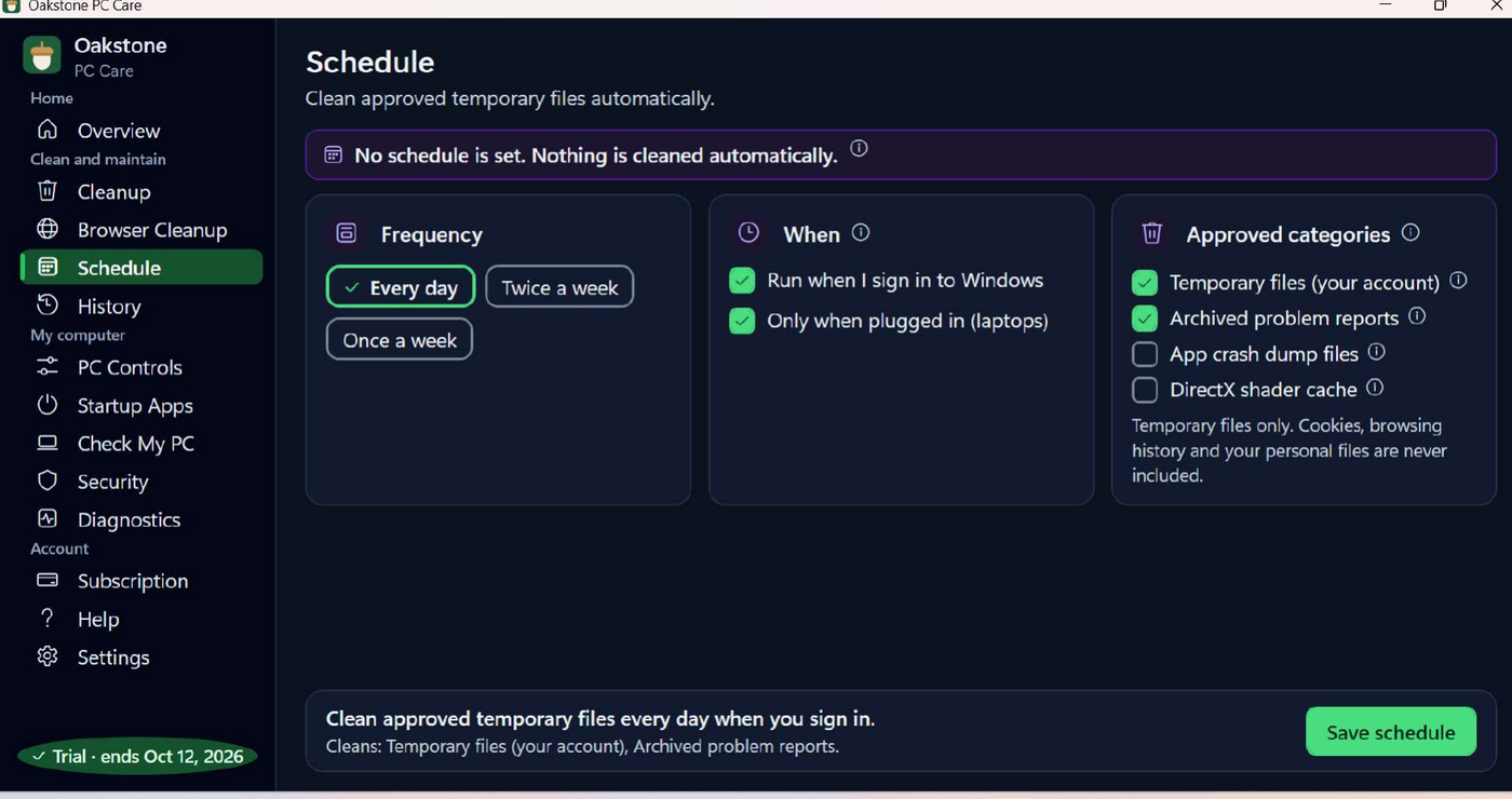 The Schedule screen with frequency, timing and approved category options.