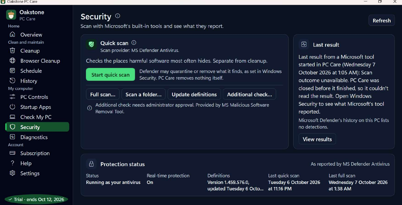 The Security screen showing scan options and the protection status reported by Microsoft Defender Antivirus.